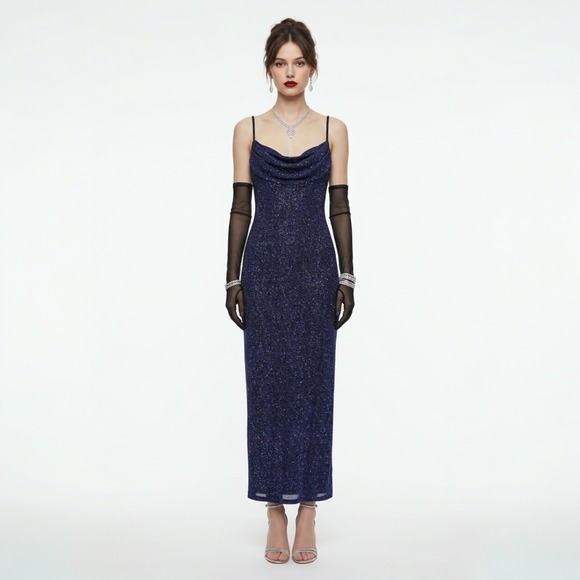 Vintage Dresses & Skirts - Vintage Jodi Kristopher Prom Dress Navy Glitter Drape Neck Evening Gown S